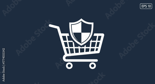 Shopping cart with security shield icon on dark background