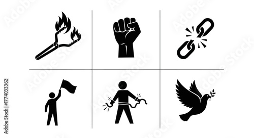 Symbols of protest and freedom: silhouette icons of resistance and peace
