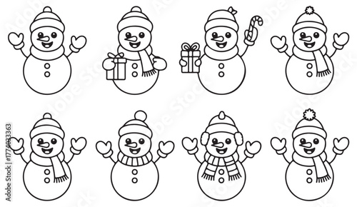 Hand-drawn black and white snowman illustration pack for festive greeting cards and holiday artwork