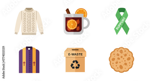 Cozy autumn symbols collection featuring hot drink, sweater, green ribbon, priest robe, recycling box, and cookie