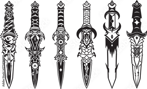 Intricate Ornamental Dagger Collection Illustrating Fantasy Combat Weaponry Designs for Artistic Expression