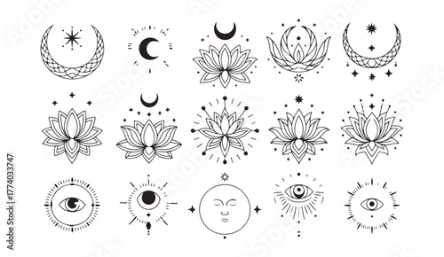 Spiritual and cosmic vector design set — minimalist line art of moon phases, eyes, and lotus motifs