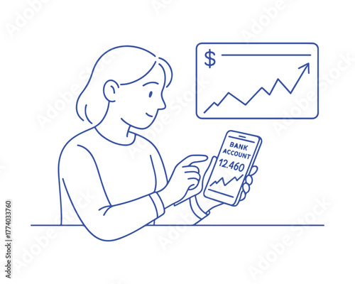 Woman checking bank account growth on mobile app with rising financial chart, investing and money management concepts, modern line art illustration