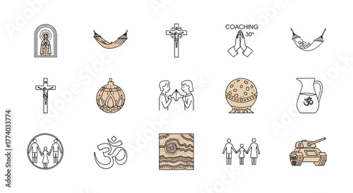 Linear religious and cultural symbols: crosses, om, hammock, crystal ball, coaching, tank