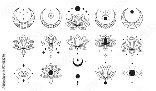 Bohemian mystical symbol pack with lotus, moon, and sun elements for tattoo or meditation-inspired artwork