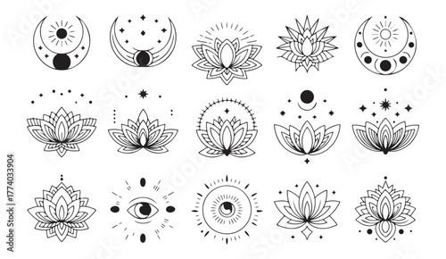 Elegant black and white boho illustration collection featuring spiritual lotus flowers and cosmic designs