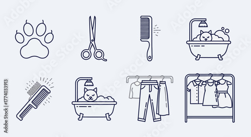Pet grooming and fashion icons: line art illustrations of cats, clothing, and salon tools