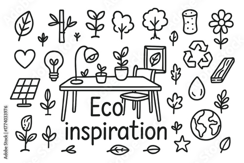 Eco-Inspired Doodle Desk. Eco inspiration. Hand-drawn doodle illustration of Eco inspiration. In the middle,