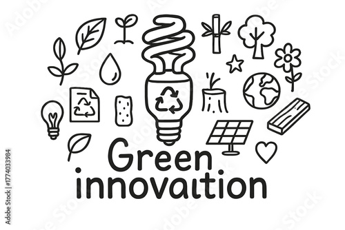 Green Innovation Doodle. Green innovation. Hand-drawn doodle illustration of Green innovation. In the middle,