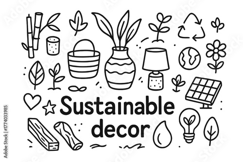 Eco-Friendly Home Decor. Sustainable decor. Hand-drawn doodle illustration of Sustainable decor. In the middle