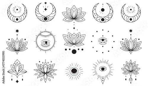 Mystical lotus and moon vector set with celestial eyes, sun symbols, and sacred geometric elements