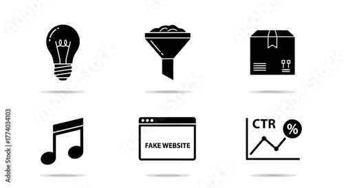 Simple icon set featuring lightbulb, funnel, box, music note, fake website, ctr chart