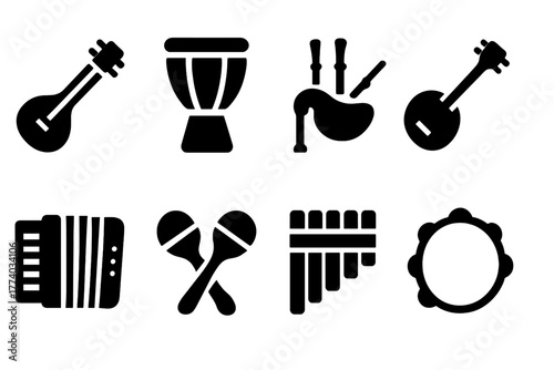 Traditional Instrument Icons. Traditional Ensemble. Filled icon set of Traditional Ensemble: sitar, djembe,
