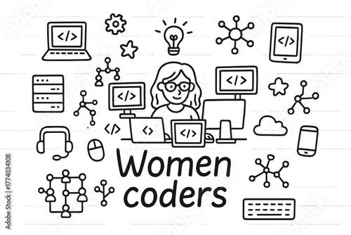 Women Coding Doodles. Women coders. Hand-drawn doodle illustration of Women coders. In the middle, one