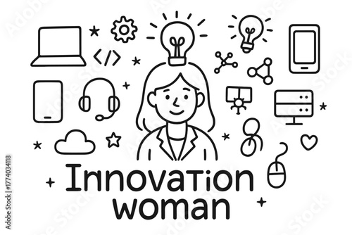 Innovation Woman Doodle. Innovation woman. Hand-drawn doodle illustration of Innovation woman. In the middle,