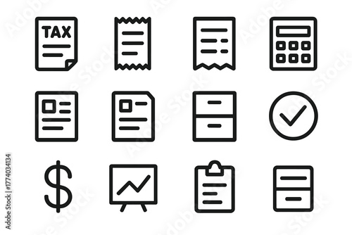 Financial Icon Grid. Financial planning. Line outline icon set of Financial planning: tax document, invoice,