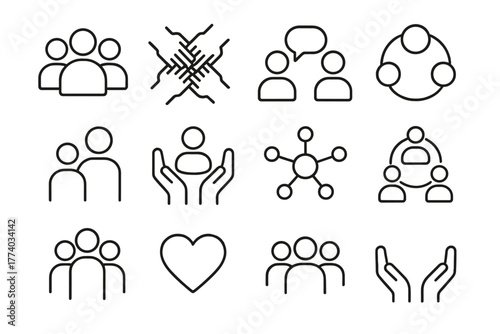 Financial Icons Grid. Financial planning. Line outline icon set of Financial planning: group of people,