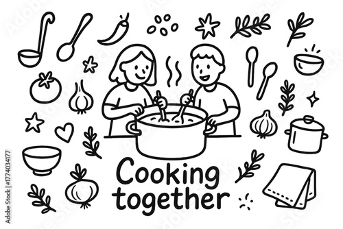 Cooking Together Doodles. Cooking together. Hand-drawn doodle illustration of Cooking together. In the middle,