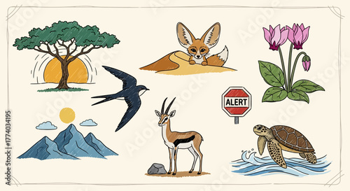 Nature and wildlife icons featuring animals, plants, and landscapes