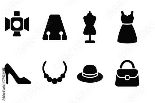 Fashion Icon Set. Fashion Show. Filled icon set of Fashion Show: spotlight, runway, mannequin, dress, high