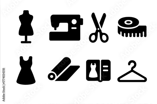 Stylish Fashion Icon Set. Fashion Design. Filled icon set of Fashion Design: mannequin, sewing machine,