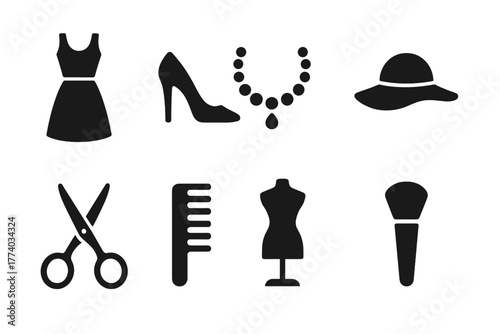Fashion Icon Set. Fashion Styling. Filled icon set of Fashion Styling: dress, high heels, necklace, hat,