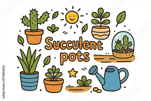 Creative Succulent Display. Succulent pots. Hand-drawn doodle illustration of Succulent pots. ceramic vase,