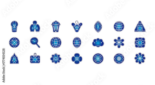Blue gradient icons set featuring various geometric and abstract designs in glossy style
