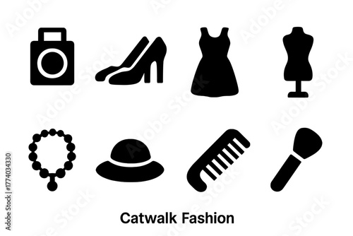 Catwalk Fashion Icons. Catwalk Fashion. Filled icon set of Catwalk Fashion: spotlight, high heels, dress,