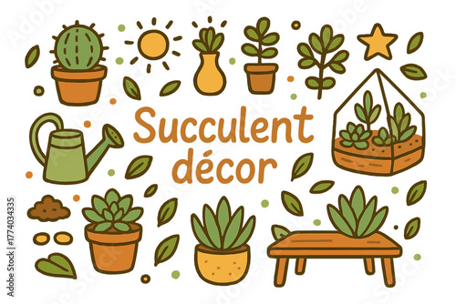 Succulent Doodles Decor. Succulent décor. Hand-drawn doodle illustration of Succulent décor. cactus, aloe,