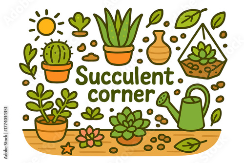 Succulent Corner Doodle. Succulent corner. Hand-drawn doodle illustration of Succulent corner. cactus, aloe,