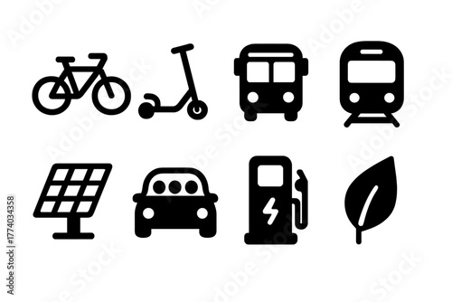 Eco Commuting Icons. Eco Commuting. Filled icon set of Eco Commuting: bicycle, electric scooter, bus, train,
