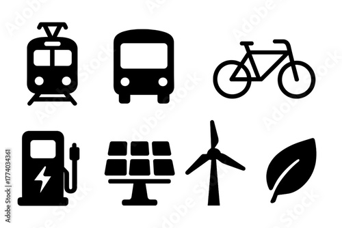 Eco Transport Icons. Public Green Transit. Filled icon set of Public Green Transit: tram, bus, train, bicycle,
