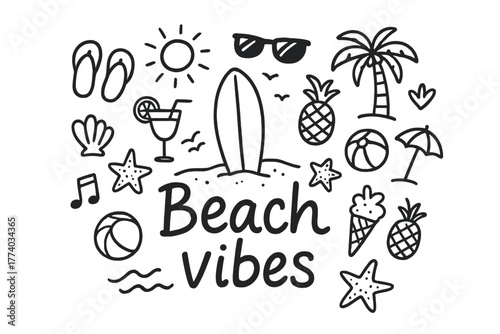Beach Vibes Doodle. Beach vibes. Hand-drawn doodle illustration of Beach vibes. In the middle, one slightly