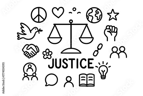Doodle Justice Montage. Justice. Hand-drawn doodle illustration of Justice. In the middle, one slightly larger