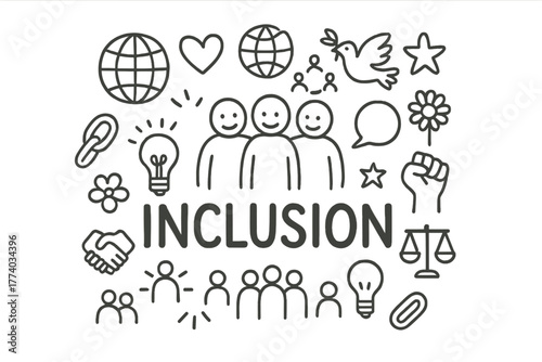 Inclusion Doodle Art. Inclusion. Hand-drawn doodle illustration of Inclusion. In the middle, one slightly