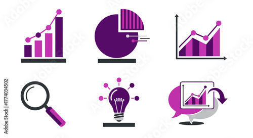 Colorful business and marketing icons with graphs and analytics elements