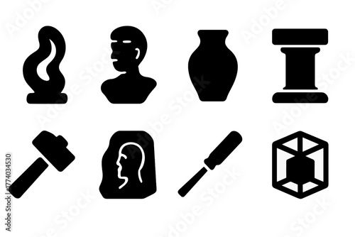 3D Art Icon Set. Three-Dimensional Art. Filled icon set of Three-Dimensional Art: abstract sculpture, bust,