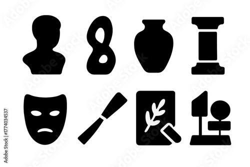 3D Art Icon Set. 3D Art Forms. Filled icon set of 3D Art Forms: bust, abstract sculpture, clay pot, pedestal,