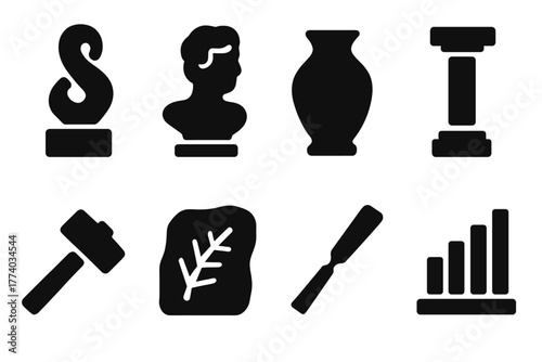 3D Art Icon Set. Three-Dimensional Art. Filled icon set of Three-Dimensional Art: abstract sculpture, bust,