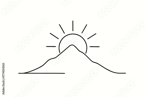 Sunrise Line Art. Rise Every Time. minimalistic one-line drawing of a rising sun above a mountain, continuous