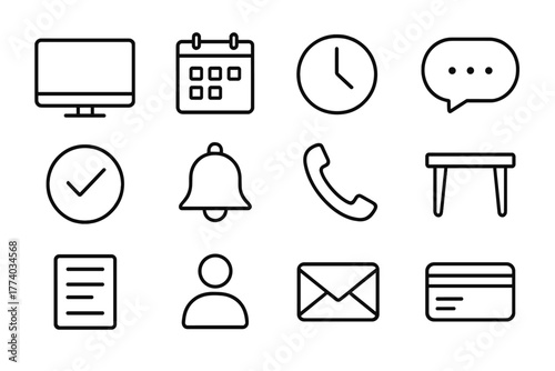 Reservation System Icons. Reservation system. Line outline icon set of reservation system: computer screen,