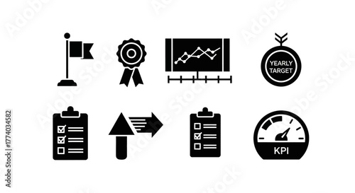 Achievements and performance goals icons set with graphs and targets