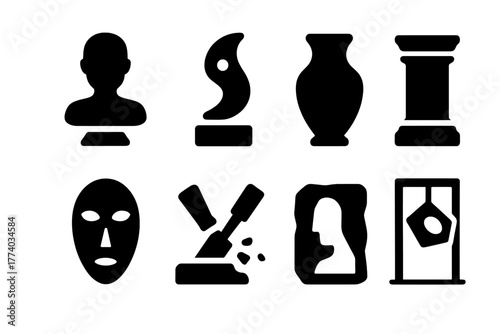 3D Art Icons. 3D Art Forms. Filled icon set of 3D Art Forms: bust, abstract sculpture, clay pot, pedestal,