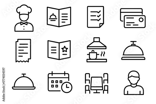 Restaurant Management Icons. Restaurant management. Line outline icon set of restaurant management: staff,