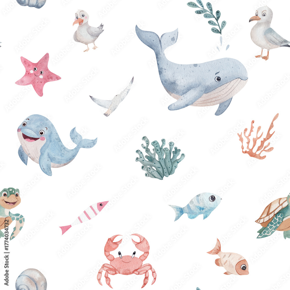 Fototapeta premium Watercolor seamless pattern with cute sea animals. Whale, crab, turtle, fish, coral, and seagulls. Marine-themed illustration in a children style, isolated on white background.
