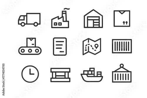 Supply Chain Icons. Supply chain. Line outline icon set of supply chain: truck, factory, warehouse, cargo box,