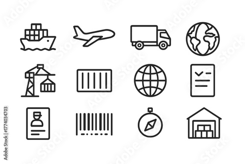 Global Shipping Icons. Global shipping. Line outline icon set of global shipping: cargo ship, airplane, truck,