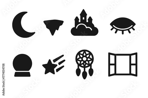 Dreamscape Icon Set. Dreamscapes. Filled icon set of dreamscapes: crescent moon, floating island, cloud castle