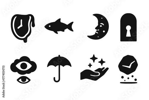 Surreal Dream Icons. Surreal dreams. Filled icon set of surreal dreams: melting clock, floating fish, moon